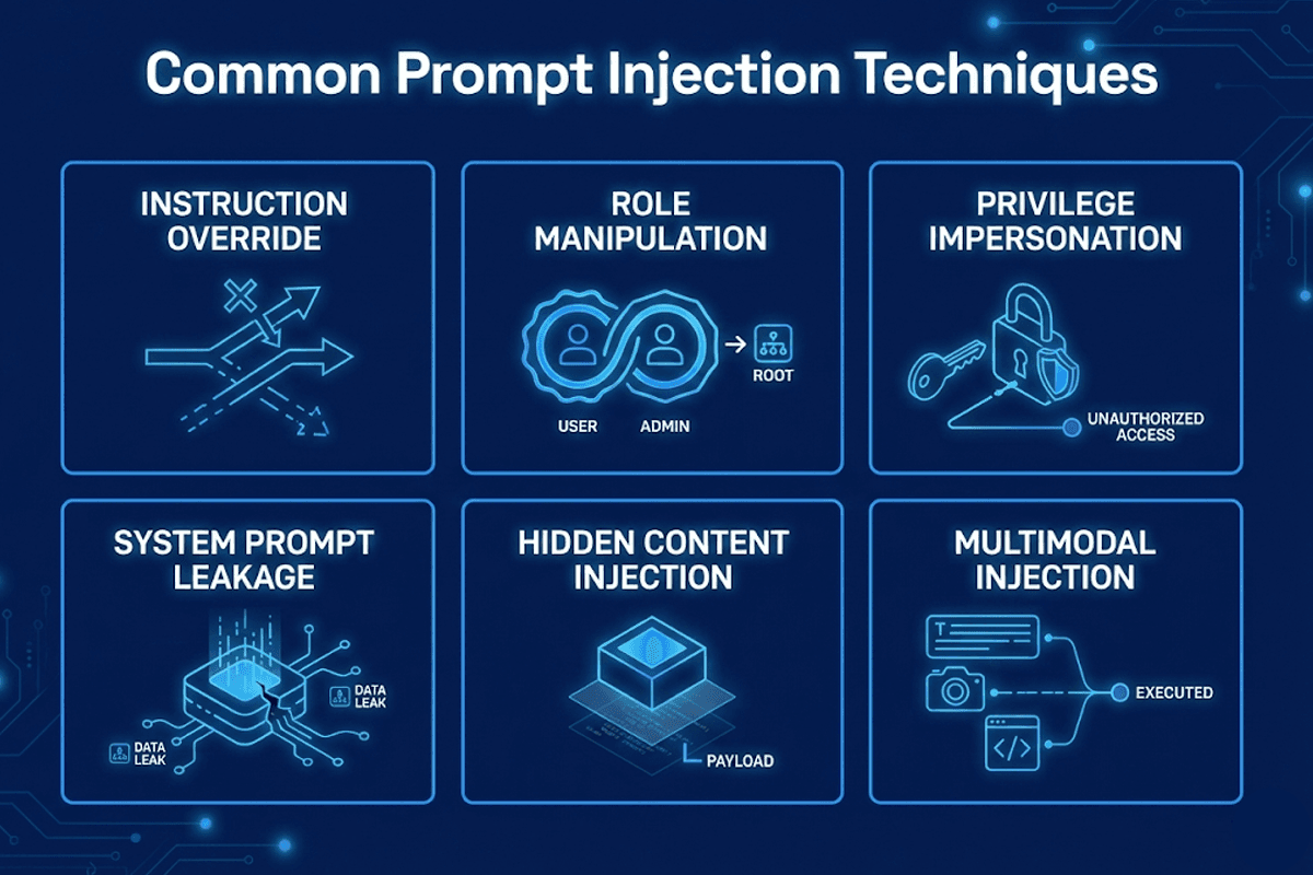 Three stage diagram of a prompt injection attack: override, malicious directive, obfuscation