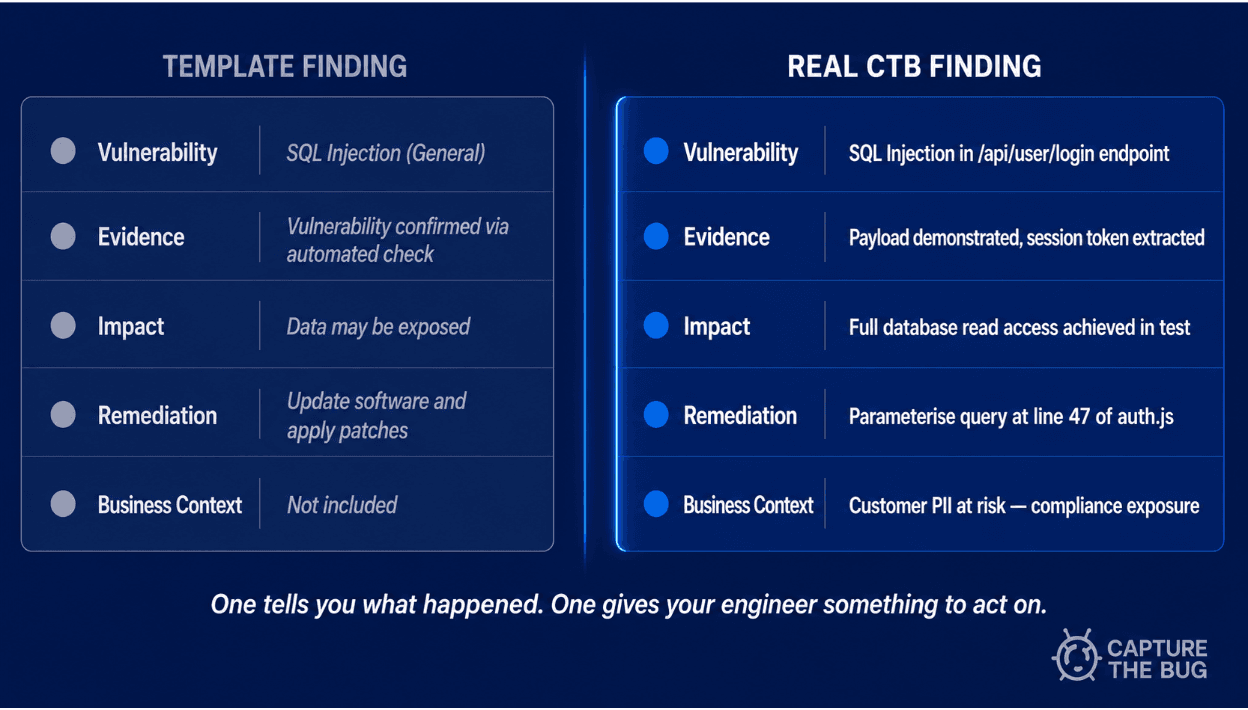 Comparing generic template reports versus tailored expert penetration testing findings
